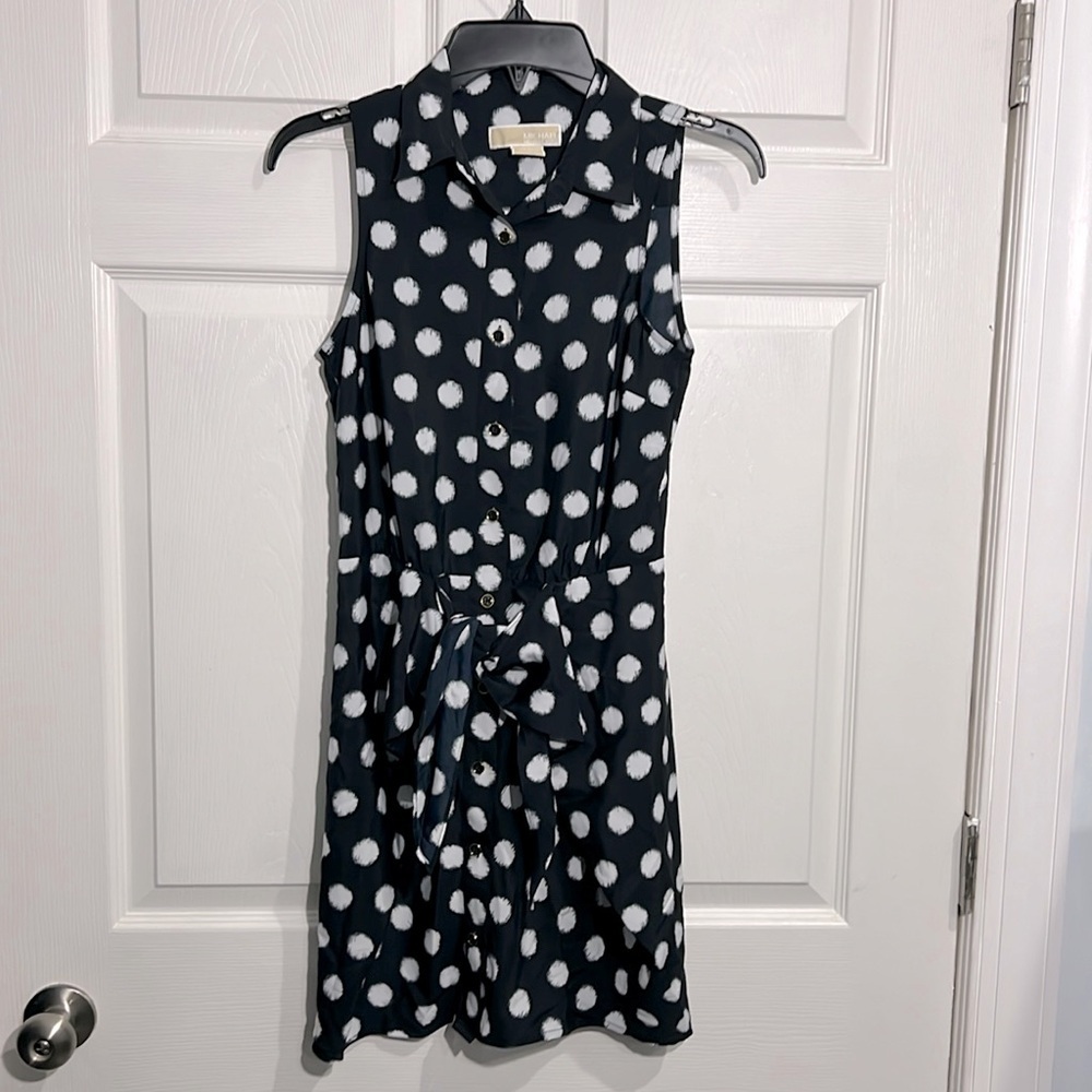 Michael Kors Black White Polka-Dot Shirtdress, Sleeveless Tie @ Waist - 2 Petite